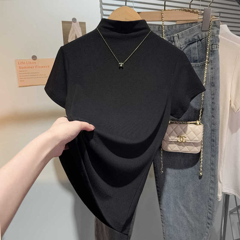 Threaded Black Half-high Neck Short-sleeved T-shirt Women's 2024 Summer New Shoulder Base Shirt Design Western Style Top