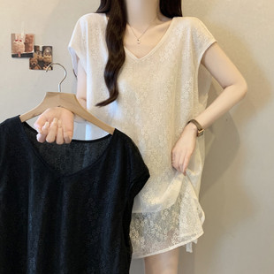 T5C Plus Size Fat mm Korean Style Loose Large Design Splicing Lace Fake Two-Piece Reversible Top