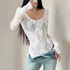 水溶花浮雕双圆领长袖蕾丝连体衣女性感辣妹套头双层修身连体上衣