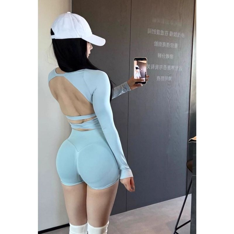 辣妹露背健身服长袖修身美背瑜伽上衣收腰短款运动t恤带胸垫1875|undefined