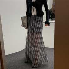 韩国撞色格纹微透雪纺半身裙女夏季新款小众复古高腰A字长裙子