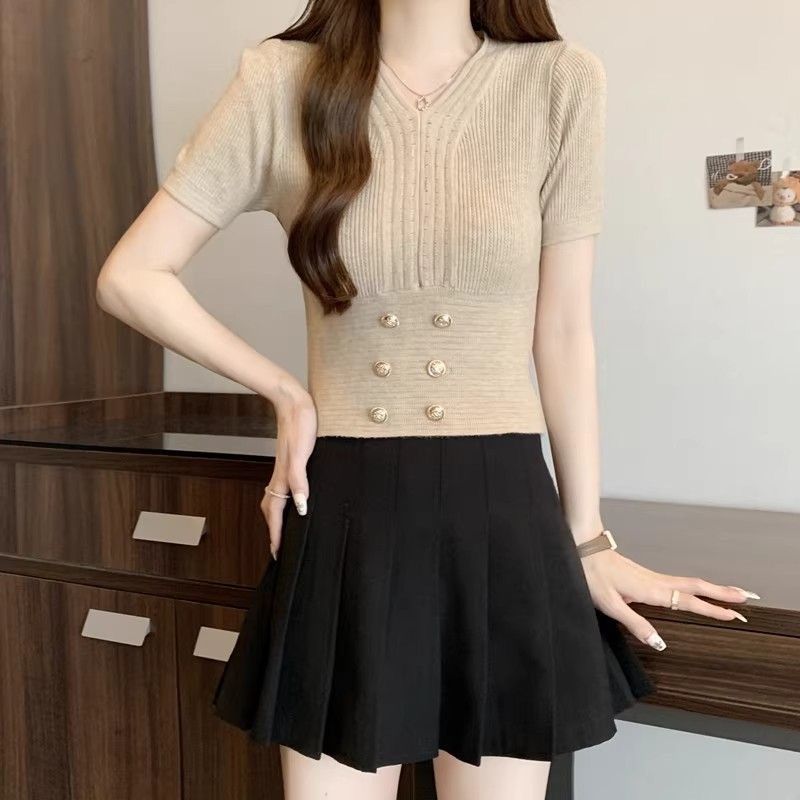 V-Ausschnitt, hohe Taille, kurzärmeliger Damen-Sommer, neuer französischer Stil, kleiner, duftender Wind, Eisseide, gestrickter Pullover_voghion.com