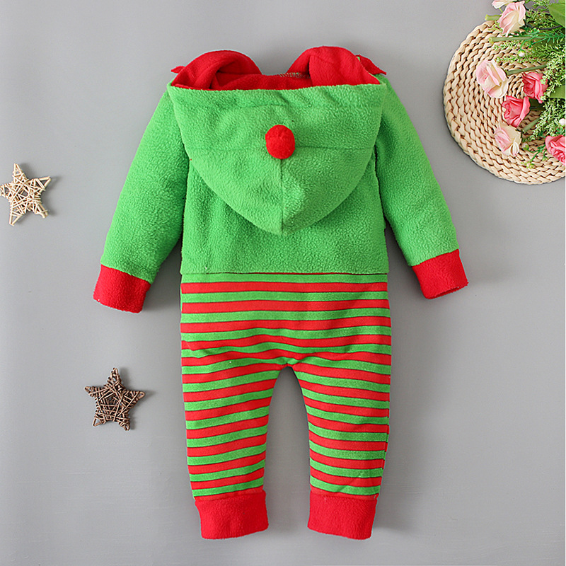 Children's European and American spring and autumn long-sleeved hooded Christmas striped jumpsuit romper clothing children's clothing ins_voghion.com