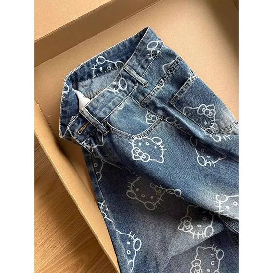 Full Printed Jacquard Kitty Cat Straight Jeans Women's Cute Design Sense Loose Slimming Wide Leg Pants Trendy Ins