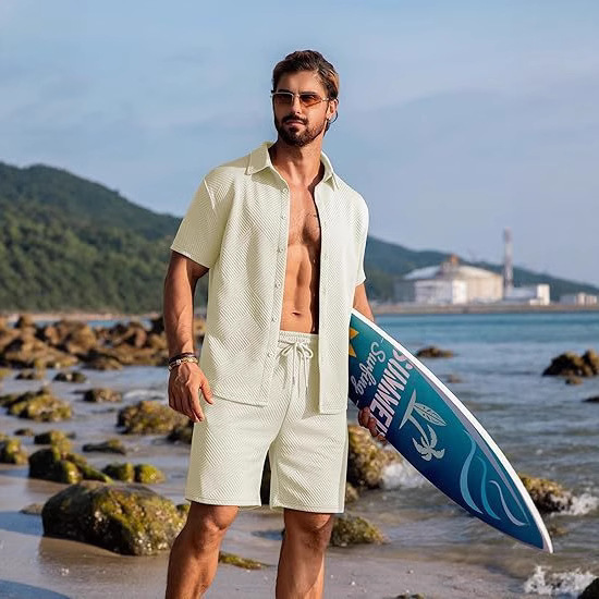 New 2025 Knitted Summer Sports Casual Textured Beach Short-Sleeve Button-Up and Shorts Set with Pockets