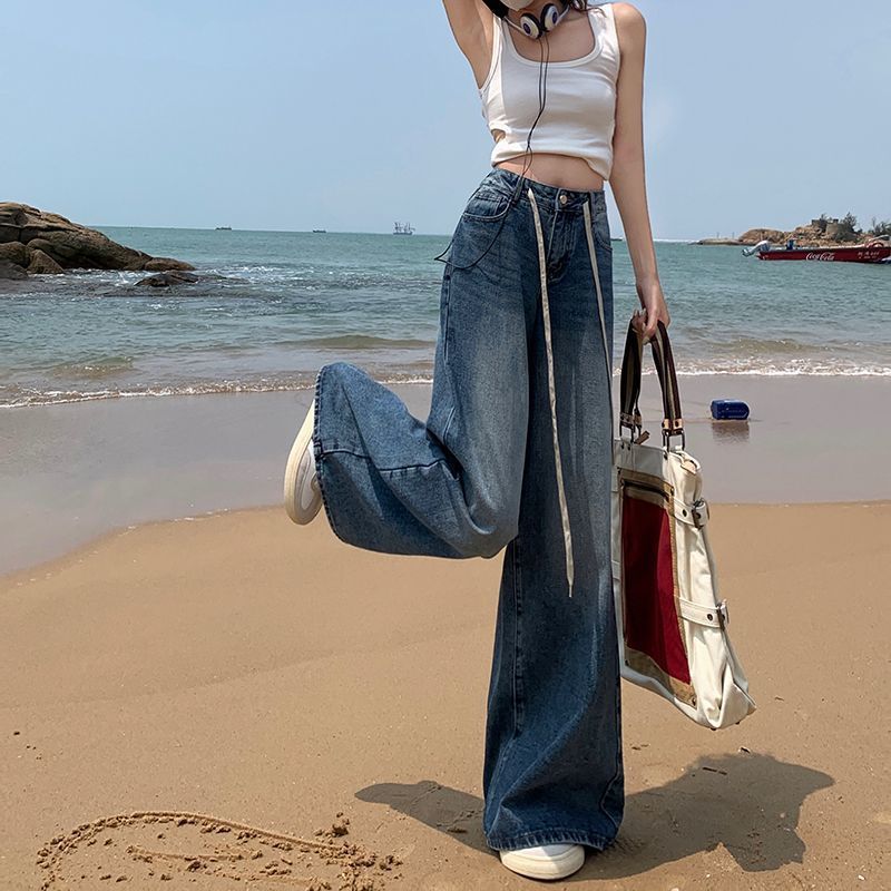 抽绳穿搭显瘦牛仔裤修身高腰女2025年复古蓝宽松阔腿裤垂感拖地裤|undefined