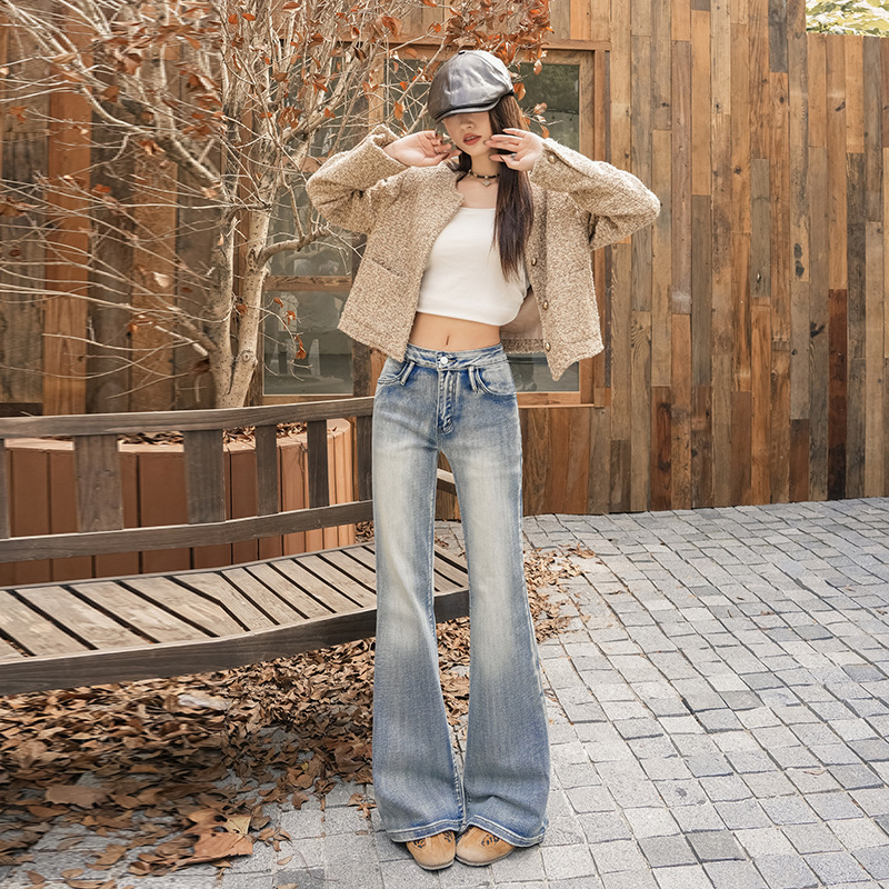 【Jinyin】American-Style Washed Jeans for Women, New Plus-Size Trendy Low-Rise Slim-Fit Retro Flared Pants