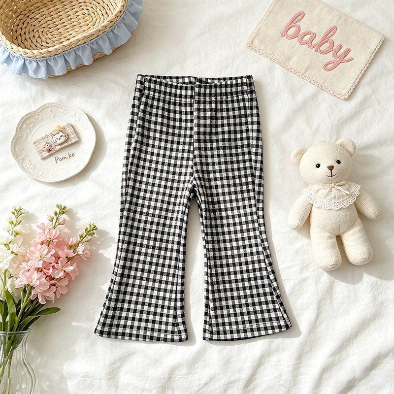 Spring and Autumn Girls' Casual Pants Baby Online Popular Foreign Style Children's Personality Trendy Brand Korean Plaid Horn Pants Wholesale