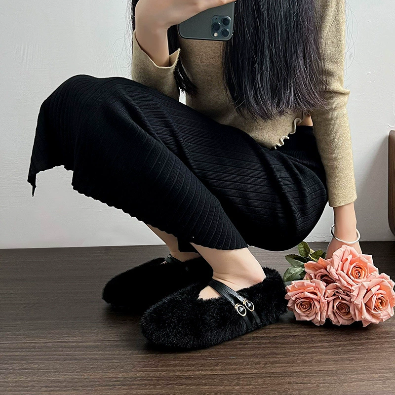 Wool shoes women wear 2024 new flat shallow mink bean bean shoes plus velvet large size women's shoes 41 43