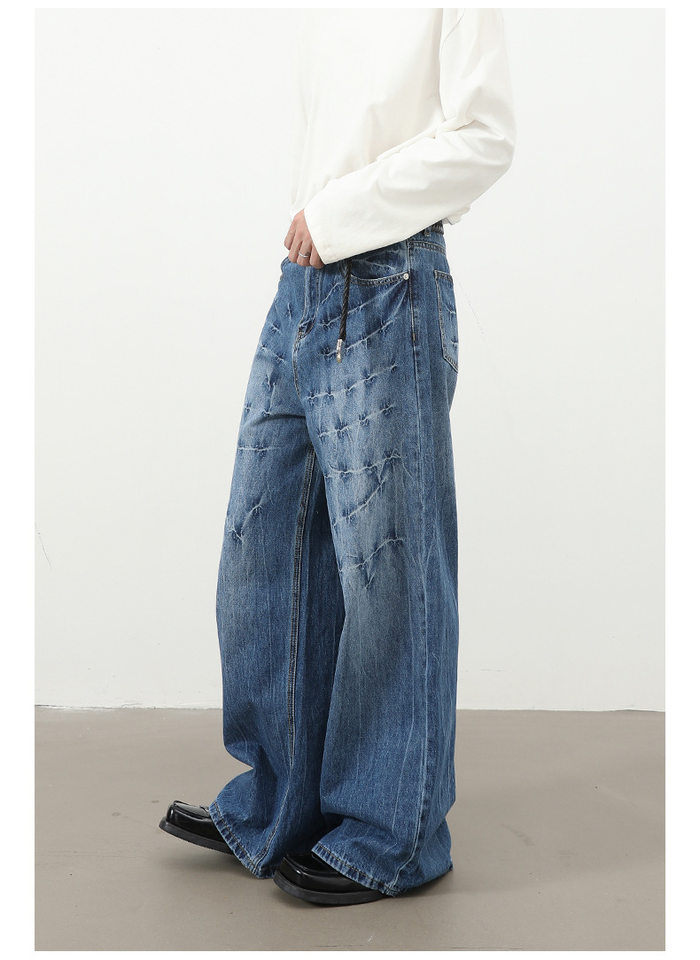 Quần jeans nam dáng rộng ống thẳng họa tiết sét chất liệu washed phong cách đường phố — màu xanh, màu xám đen chi tiết 20