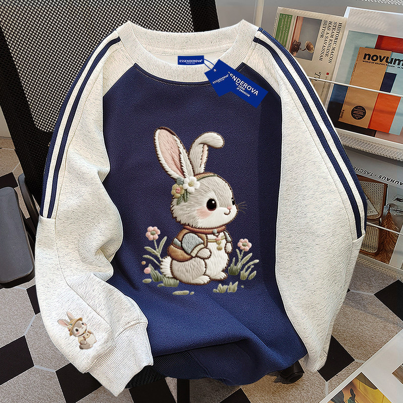 American-Style Autumn and Winter Cute Bunny Design Round-Neck Student Sweatshirt for Women, Couple's Style with Three Stripes and Long Sleeves