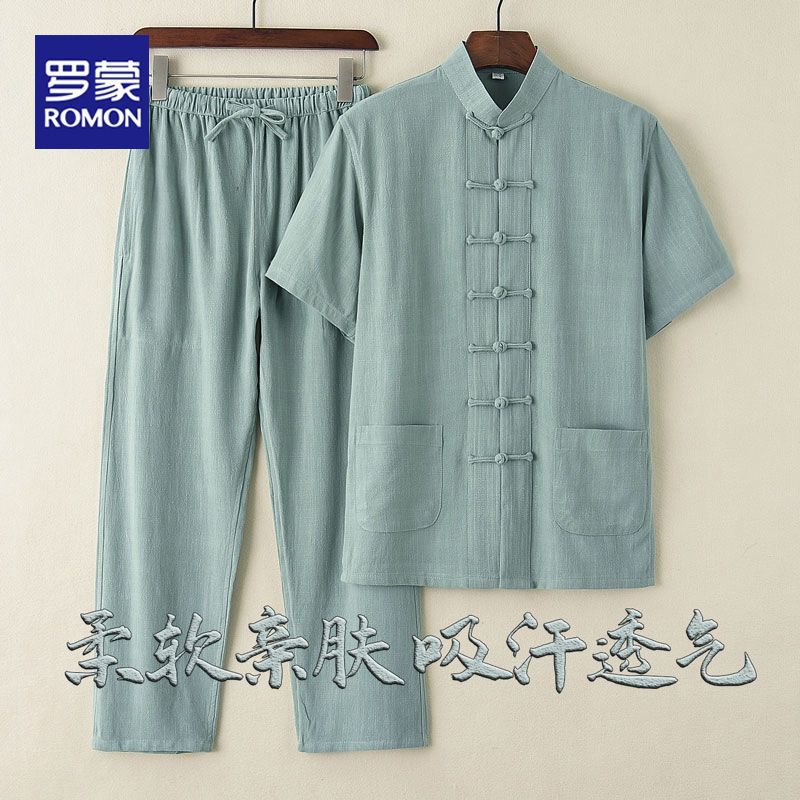 Tang suit men's summer middle-aged and elderly Chinese style casual suit cotton and linen short sleeve trousers men's summer half sleeve for father
