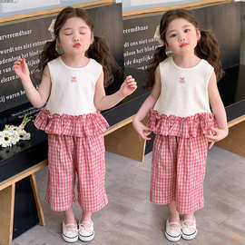 新款夏季女童甜美樱桃背心套装格子裤休闲百搭洋气夏装