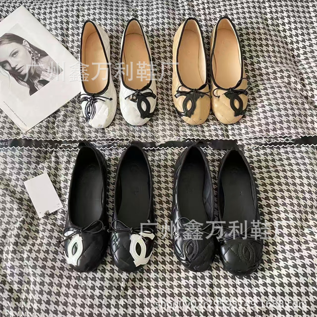 2025 Xiaoxiang Zhonggu Kangpeng Bow Ballet Flats Women's Versatile Shallow Mouth Height-Increasing Diamond Pattern Women's Shoes