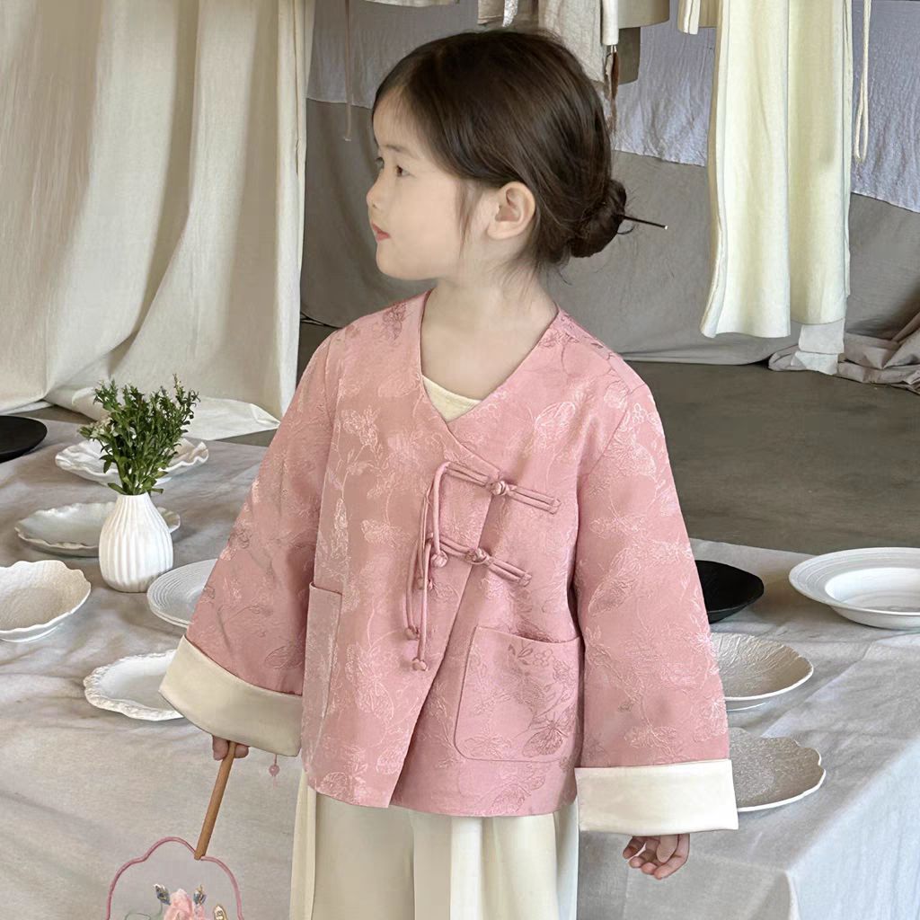 Primavera y otoño de las niñas hanbok 2025 nuevo bebé estilo extranjero nuevo abrigo jacquard chino para niños set de estilo nacional niña