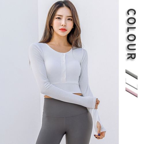 New Korean style yoga suit, long-sleeved T-shirt, women, half-button, figure-fitting, elastic sports and fitness suit, T-shirt, women, with chest pad
