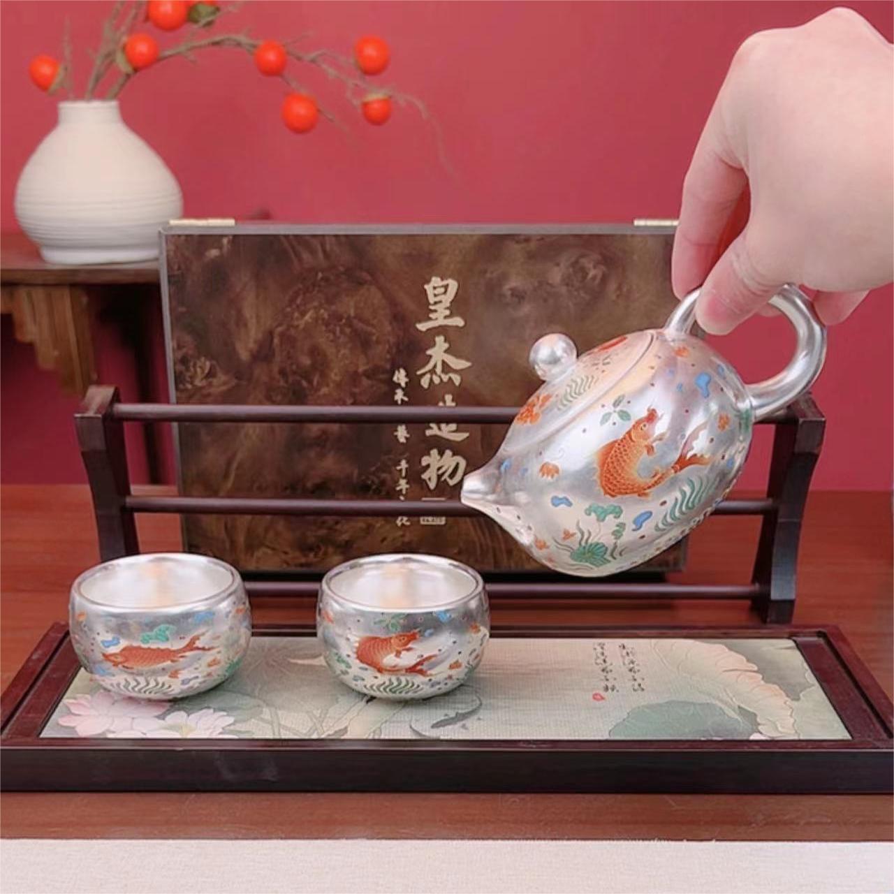 周皇傑大師魚藻紋鎏銀西施壺一壺兩杯套組家用泡茶壺功夫茶具茶杯