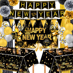 跨境黑金新年快乐主题派对用品NewYear场地布置氛围装饰黑金拉旗.