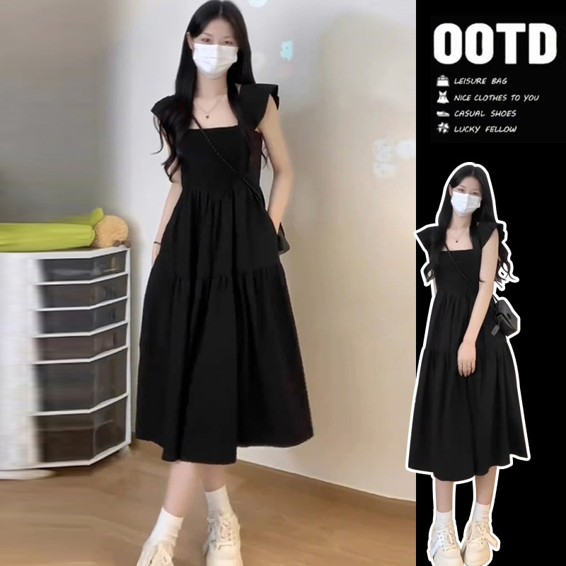 French Style Small Fly Sleeve Black Square Collar Sleeveless dress Women's Summer Small Figure Thin Elegant Mid-length New Skirt