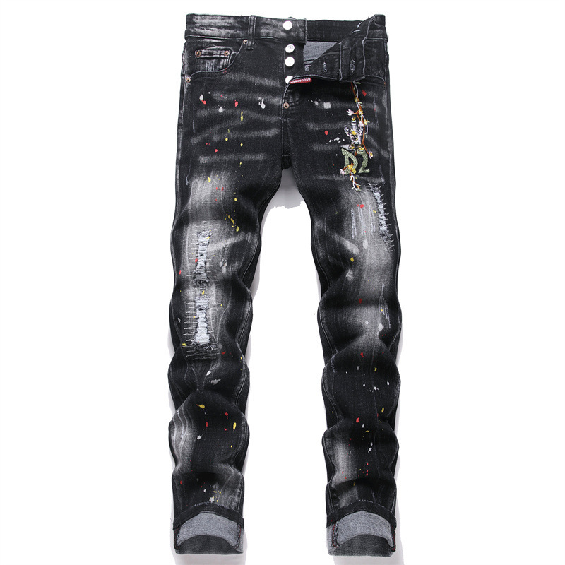European and American 2025 Spring Punk Men's Jeans Black Ripped Patch Embroidered Slim Mid-Waist Men's Pants D4067 European and American 2025 Spring Punk Men's Jeans Black Ripped Patch Embroidered Slim Mid-Waist Men's Pants D4067