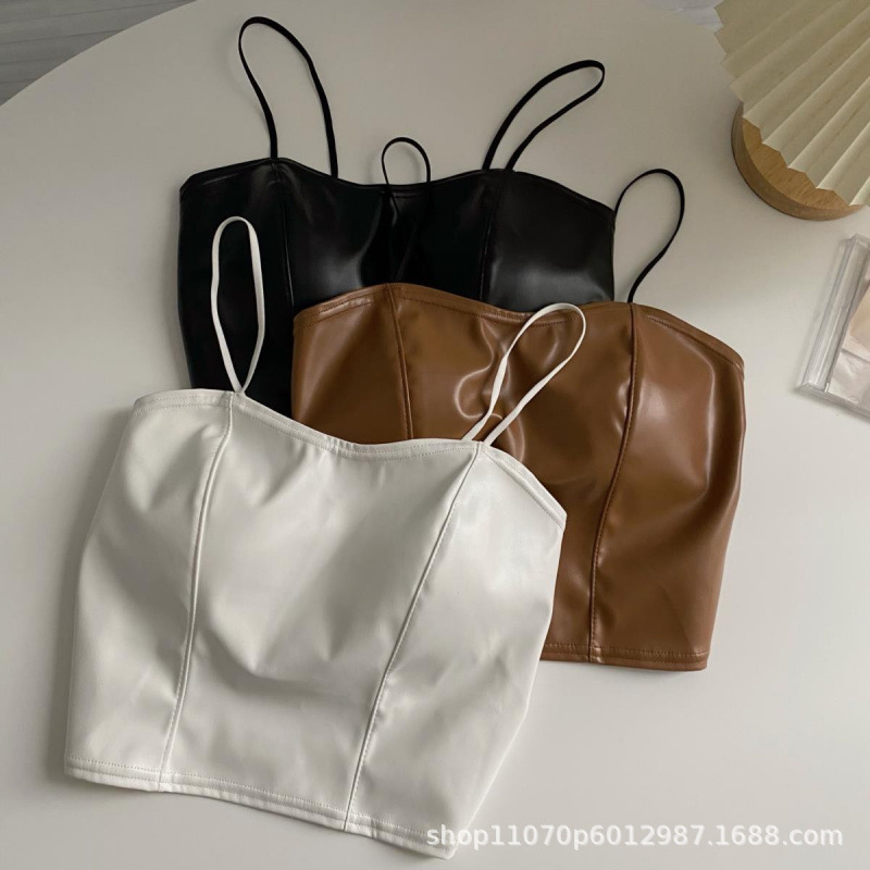 PU leather Hong Kong style camisole top, versatile and stylish, can be worn as outerwear, features padded bra for a push-up and beautiful back.