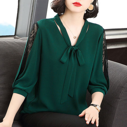 Chiffon shirt, super fairy v-neck pullover with bow, mid-sleeves, loose large size, belly-covering lace bottoming shirt