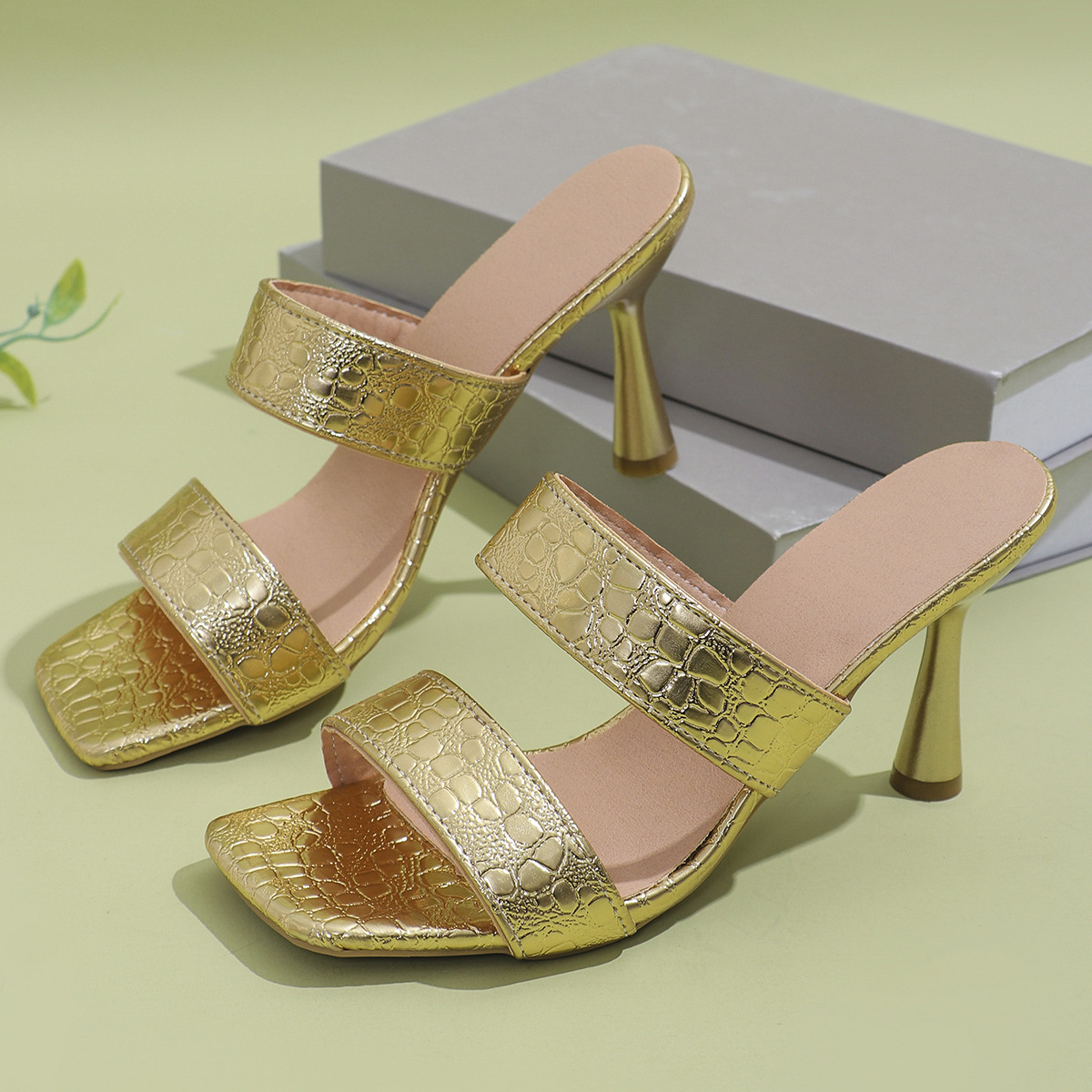 Square head solid color high heel slippers women African fashion one line sandals women Women Heels Slippers_autovado.com