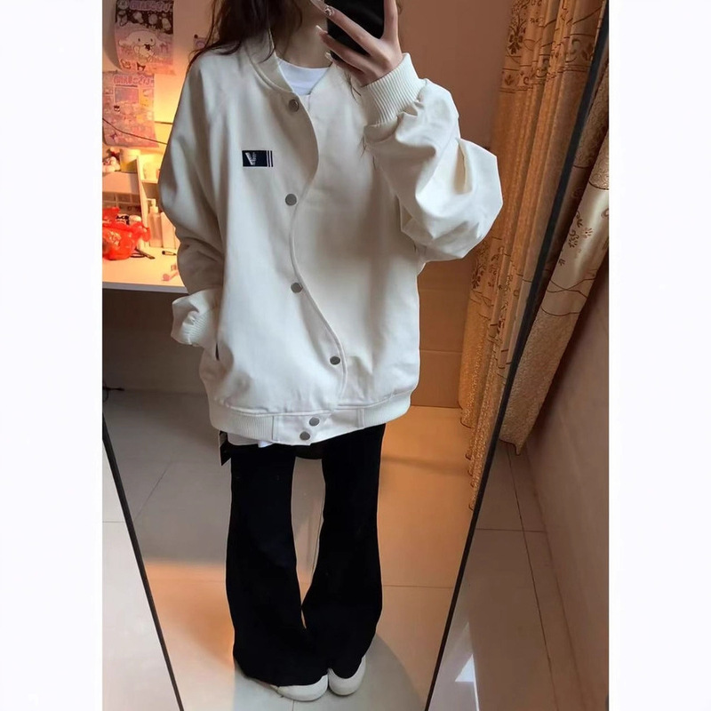 美式复古S型单排扣棒球服外套女秋季设计感小众宽松情侣上衣夹克|undefined