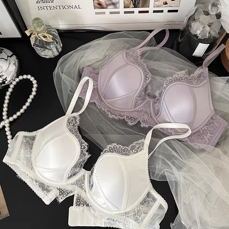 French Satin Lace Sexy Steel Ring Thin Underwear suit Push-up Bra Upper Collapsed Side Breast Anti-sagging Sweet and Spicy