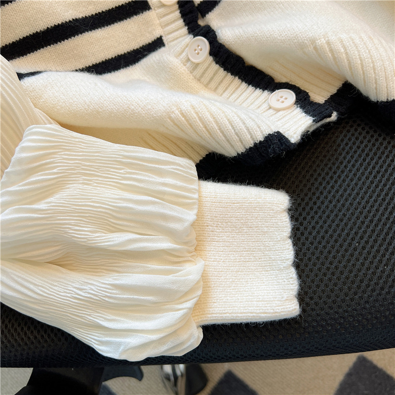Diseño de costura a rayas de punto cardigan puff manga suéter de gasa corto elegante falso de dos piezas Top Otoño image 6
