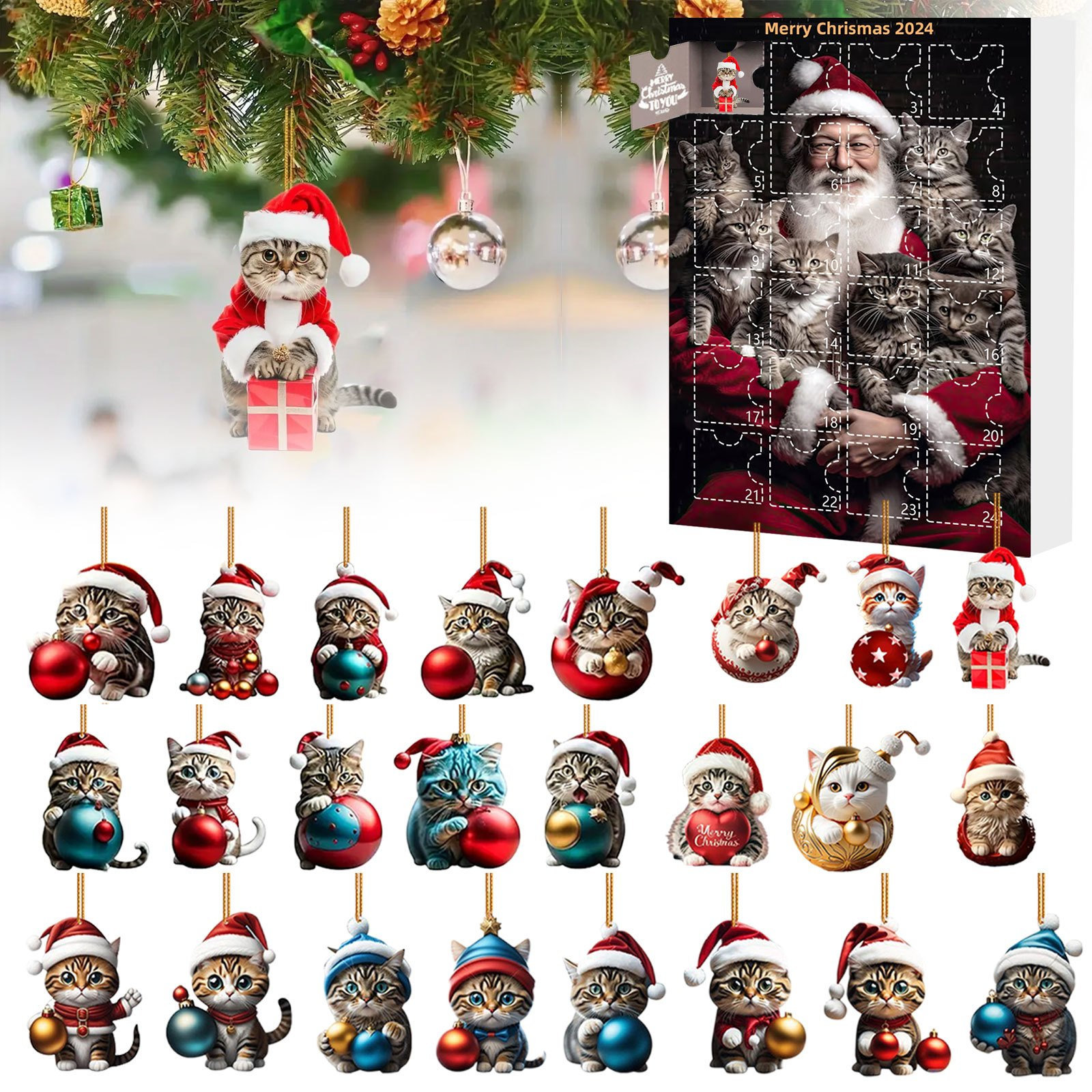 thumbnail image 1 of Calendario de Adviento de Navidad, caja sorpresa con cuenta regresiva para Navidad, lindo colgante de acrílico con forma de gato, decoración para árbol de Navidad, mochila colgante para coche, 1 of 5