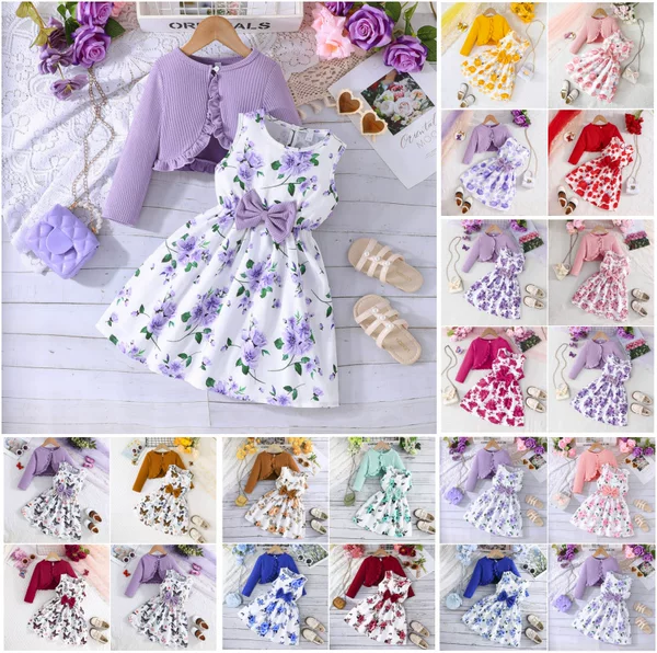 Cross-Border 2026 Spring and Autumn Style Toddler Colorful Suspender Dress + Solid Color Jacket Fashionable Ladylike Baby New Model Wholesale