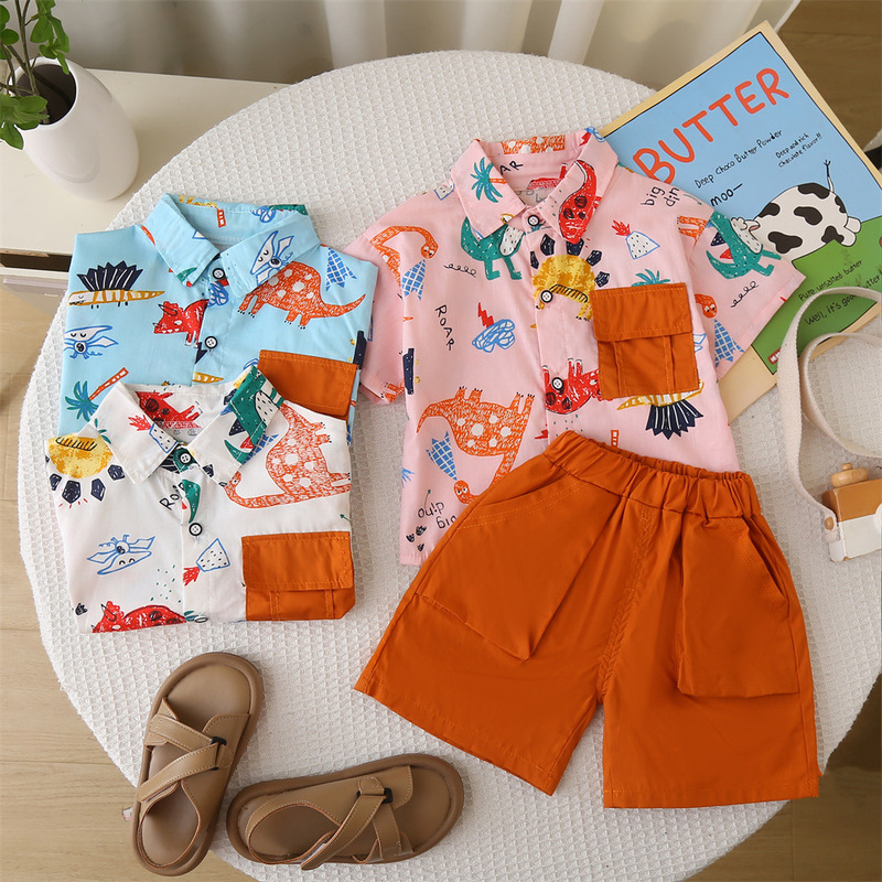 Five small seven children's clothing 2025 summer new 0-4 years old children's boys and girls dinosaur flower shirt short sleeve 2-piece set