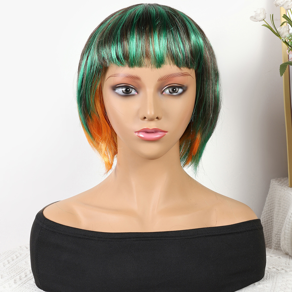 Transfronterizo nuevo verde-naranja mezcla gradiente largo recto 12 pulgadas sin encaje pelo recto europeo y brasileño peluca