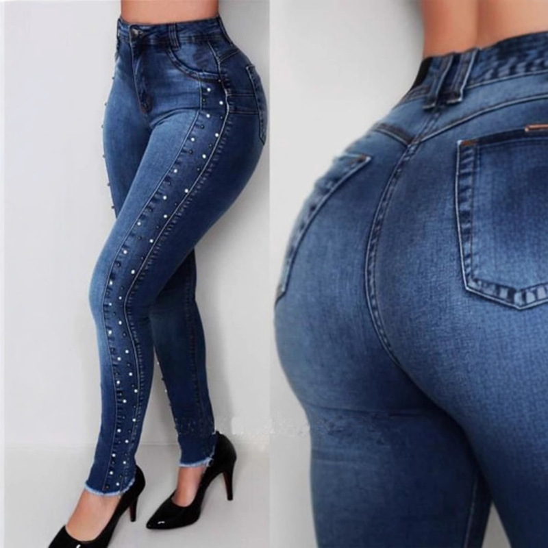 European and American Autumn and Winter New Style South American High-Waisted Studded Push-Up Butt-Lifting High-Elastic Skinny Jeans