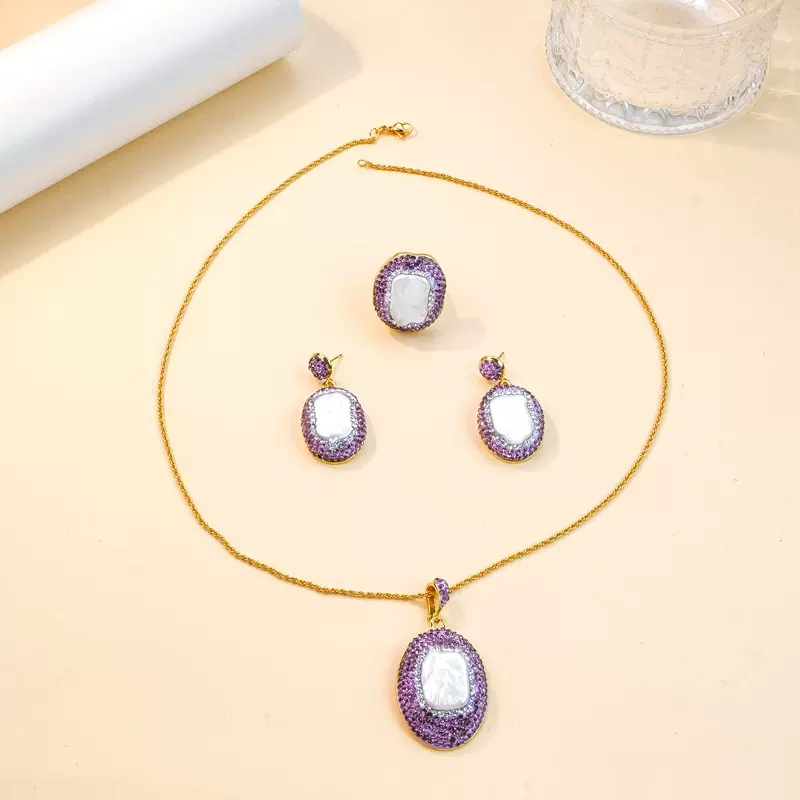 天然巴洛克珍珠首饰套装镶嵌彩钻精致个性三件套跨境天然饰品批发