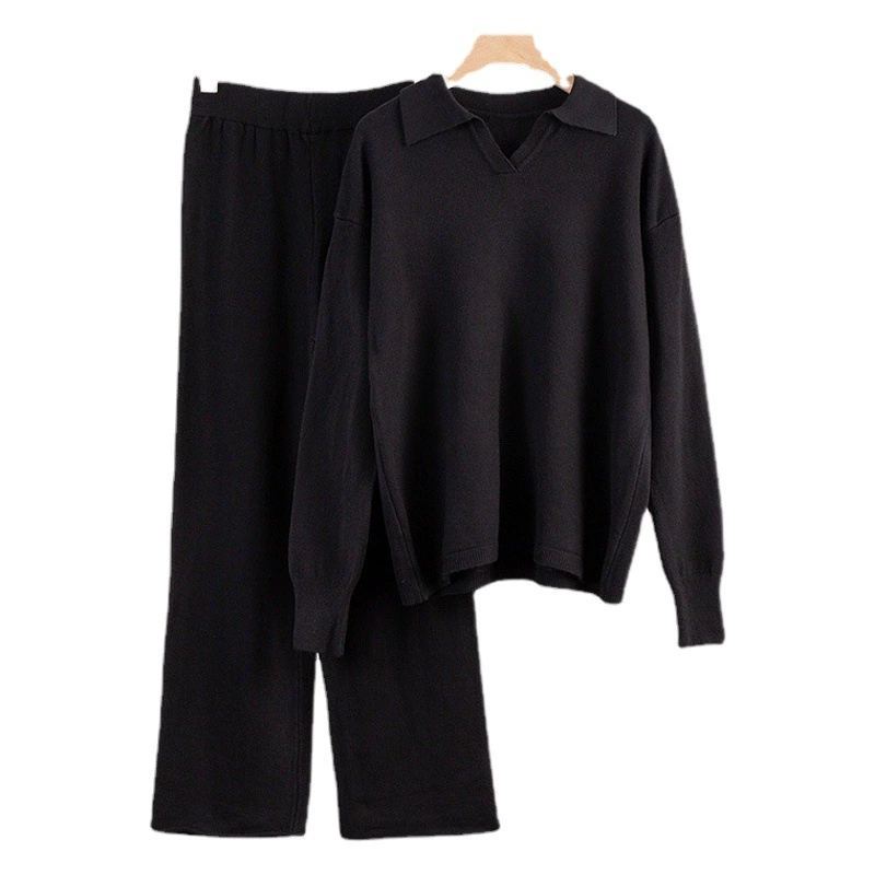 Трансграничный вязаный костюм Европейский и американский осенне-зимний свитер костюм Вязаный пуловер с воротником поло + широкие брюки комплект из двух предметов