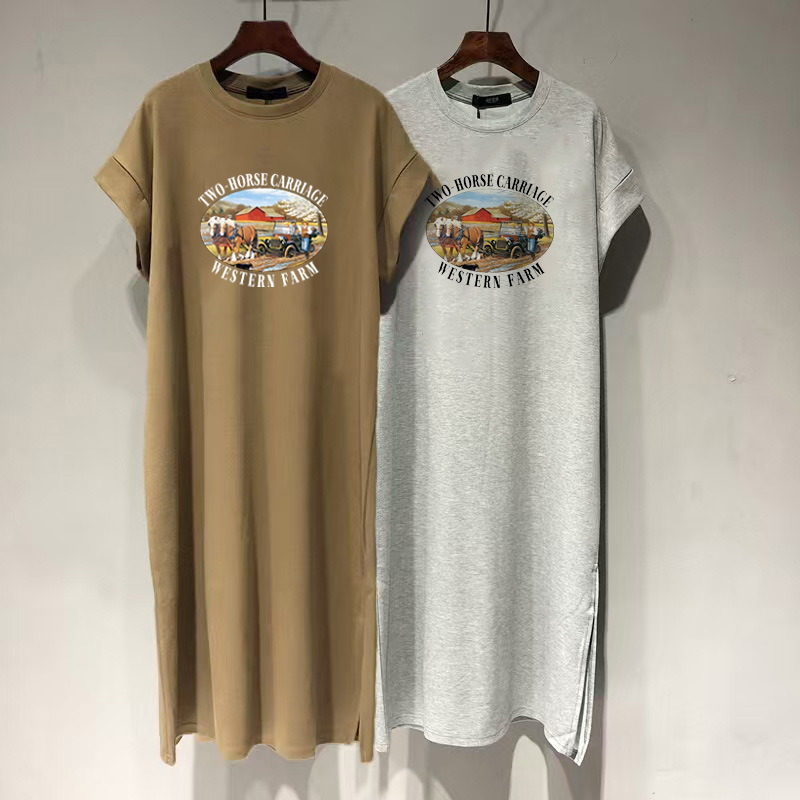 Spring and Summer New Short-sleeved T-shirt Dress Women's Korean-style Loose Casual Slimming Flying Sleeve Split dress Mid-length Dress Trendy Spring and Summer New Short-sleeved T-shirt Dress Women's Korean-style Loose Casual Slimming Flying Sleeve Split dress Mid-length Dress Trendy