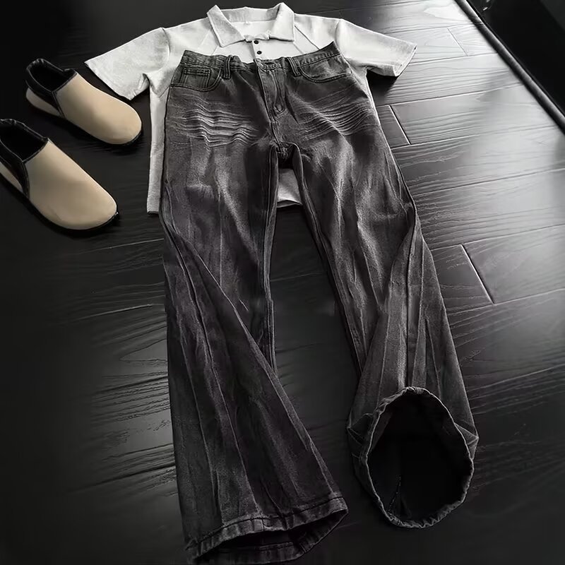 Men's Distressed Washed Bootcut Jeans Vintage Denim Trousers_voghion.com