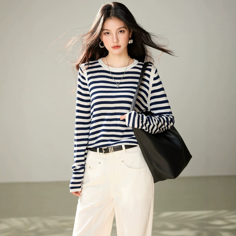 Real shot ◆ Stylish color-blocked striped long-sleeve knitted T-shirt for women, summer Lyocell Tencel base shirt