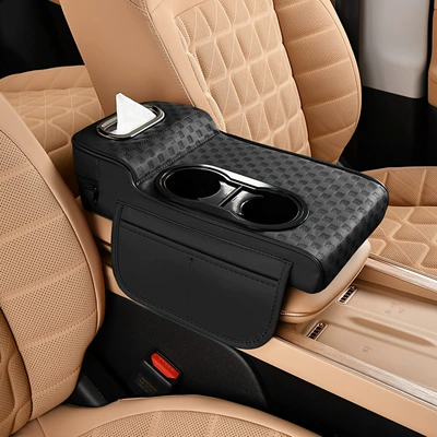 Holder High-End Leather Car Tissue — Armrest box pad - high-and-low-water-cup-models-embossed-models-black