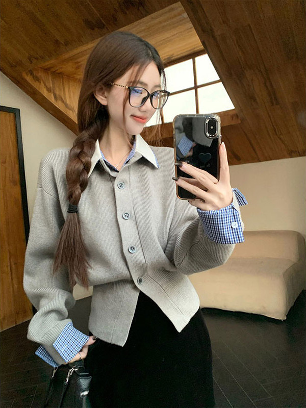 假两件衬衫领针织衫毛衣女年穿春秋新款显瘦撞色内搭收腰上衣|undefined