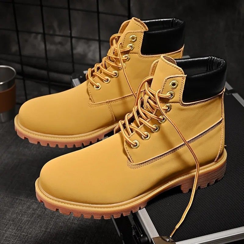 New Genuine Leather Winter Velvet Boots High-Top Boots Men's British Style Retro Short Boots Workwear Outdoor Rhubarb Boots