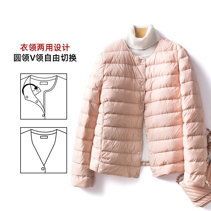 Yujia Clothing Lightweight Down Jacket Women's Short Round Neck V-Neck Warm Liner Collarless Slim Fit plus size Coat for Commuter