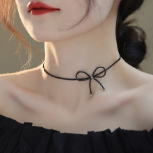 法式天鹅颈少女蝴蝶结黑尖晶石2mmChocker锁骨脖子复古气质小众项