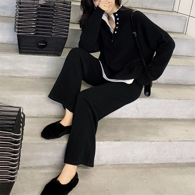 Damenbekleidung High-End-Mode im französischen Stil, lässiger Strickanzug für Damen, Herbst und Winter, lockerer zweiteiliger Hosenanzug mit weitem Bein, zweiteiliger Pullover-Trend_voghion.com