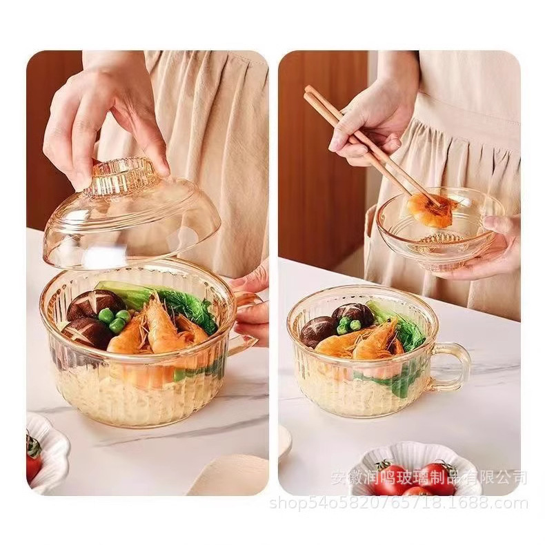 Large Glass Bowl with Lid Transparent Noodle Bowl Household Large Soup Bowl Salah Bowl Anti-scalding Double Ear Bowl with suit