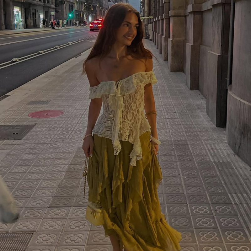 Foreign Trade European and American Style 2026 Autumn Irregular Patchwork Ribbon Women's Lace Trim Tie-Up Off-Shoulder Top for Women Foreign Trade European and American Style 2026 Autumn Irregular Patchwork Ribbon Women's Lace Trim Tie-Up Off-Shoulder Top for Women