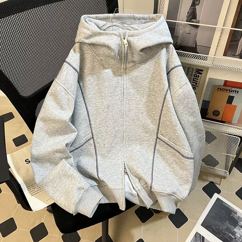 明线拉链连帽开衫卫衣男2025秋冬季宽松情侣设计感创意休闲外套女