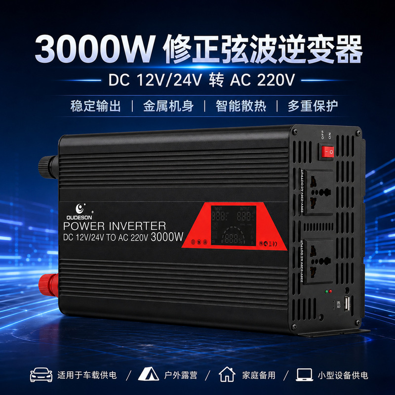 Factory Direct Sales of High-Power 12/24V Universal Dual-Voltage to 220V Modified Sine Wave Inverter for Vehicle Use